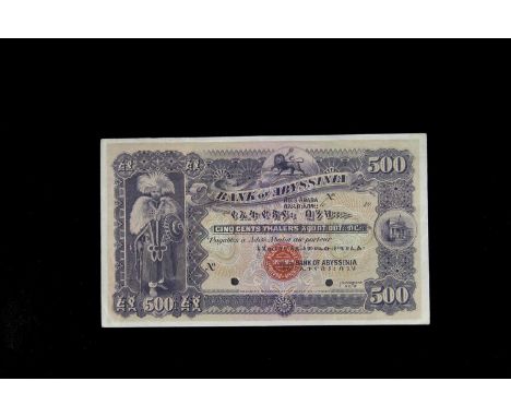 Specimen Bank Note:  Ethiopia Bank of Abyssinia specimen 500 Thalers circa 1915, no signatures, no serial numbers, red Bradbu