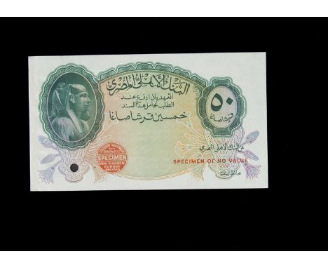Specimen Bank Note:  National Bank of Egypt specimen 50 Piastres, circa 1945, no serial number,  red Bradbury Wilkinson SPECI
