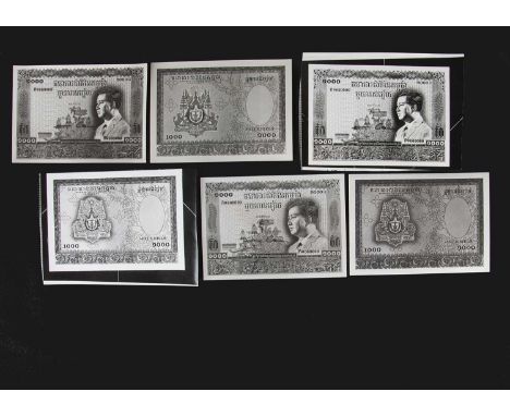 Cambodia, a collection of face and reverse photographs showing Bradbury Wilkinson designs for a 1000 Riels note, four of the 