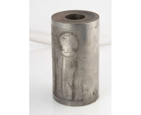 A large heavy steel cylinder, engraved with a Bradbury Wilkinson advertising note design, measuring 12.3cms long x 70mm diame