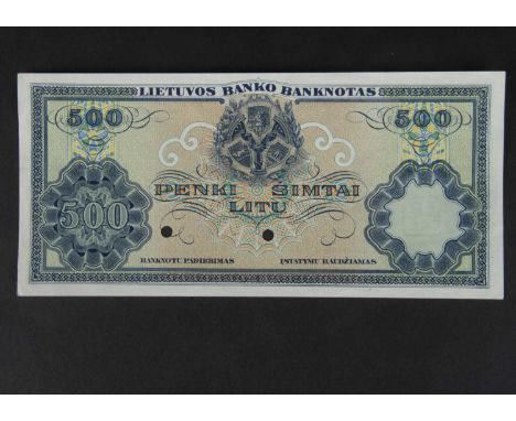 Specimen Bank Note:  Lithuania specimen 500 Litu, dated 1924, issued by Lietuvos Bankas, five signatures, no serial number, r
