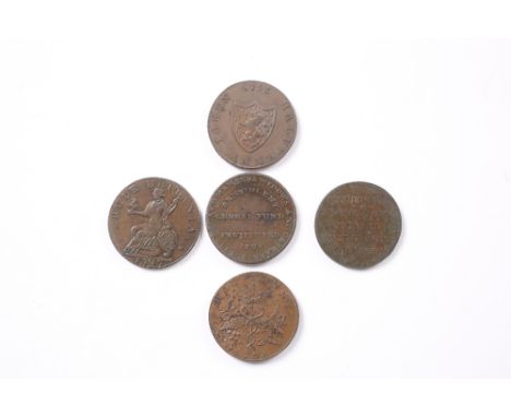 A GROUP OF FIVE LATE 18TH CENTURY MIDDLESEX HALF PENNY TOKENS to include one with a helmeted bust, another with a portrait bu