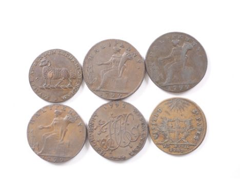 A GROUP OF SIX LATE 18TH CENTURY MIDDLESEX HALF PENNY TRADE TOKENS consisting of one for London, Leeds and Birmingham with th