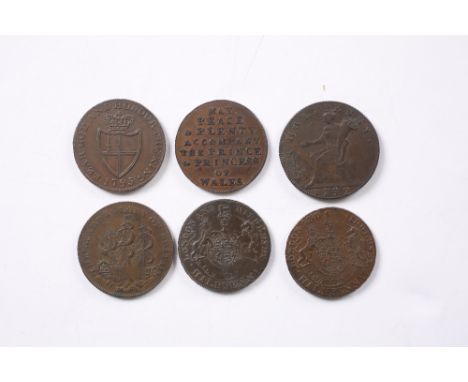 A GROUP OF SIX LATE 18TH CENTURY MIDDLESEX HALF PENNY TRADE TOKENS to include one with a portrait bust of Shakespeare, anothe