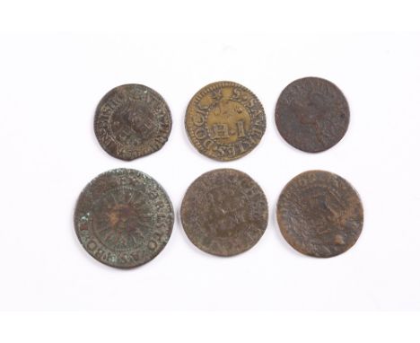 A GROUP OF SIX 17TH CENTURY TRADE TOKENS to include Henry Horne Cheesemonger of Bishop's Gate Street, Richard Smith at Porter