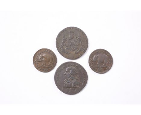 TWO LATE 18TH CENTURY COPPER FARTHING TOKENS for Pidcocks Exhibition, elephant and toucan, Dalton & Hamer numbers 1067A toget