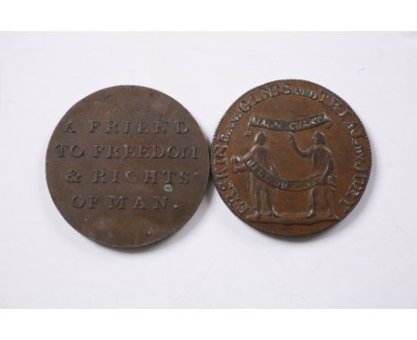 TWO LATE 18TH CENTURY MIDDLESEX HALF PENNY TRADE TOKENS one with a portrait of the Hon.T Erskine together with a further toke