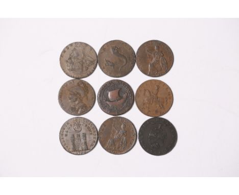 A GROUP OF NINE LATE 18TH CENTURY HAMPSHIRE HALF PENNY TRADE TOKENS to include a portrait bust of Earl Howe and others, Dalto