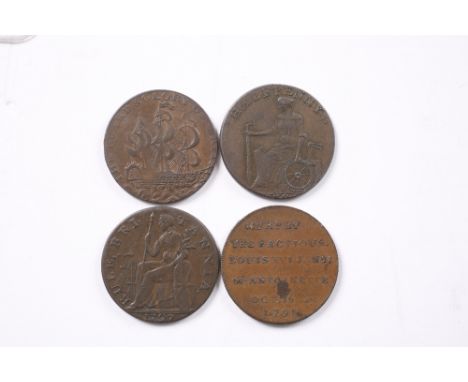 A GROUP OF FOUR LATE 18TH CENTURY MIDDLESEX HALF PENNY TRADE TOKENS three with a portrait bust of Frederick Duke of York, and