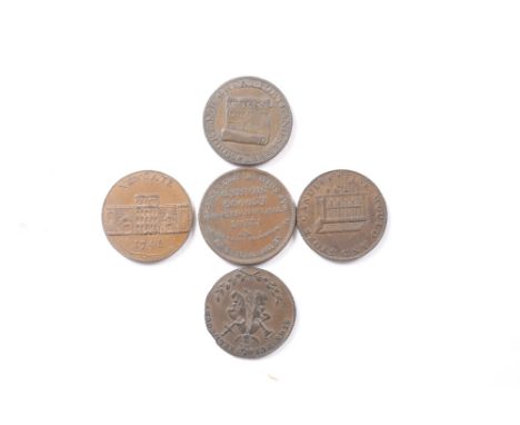A GROUP OF FIVE LATE 18TH CENTURY MIDDLESEX HALF PENNY TRADE TOKENS to include a view of Newgate, a Richardson Goodluck & Co 