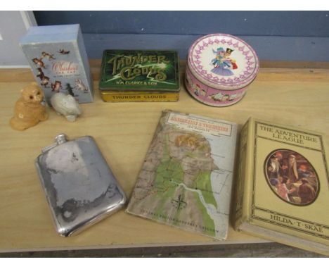 collectors lot to include vintage soaps, large hip flask, tins and 2 old books