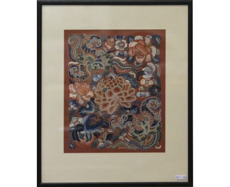 A small framed oriental tapestry depicting stylized insects and flowers.
