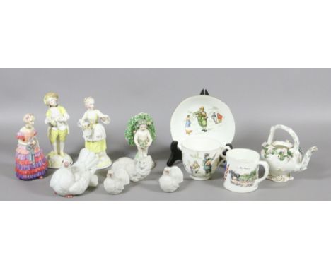 A small box of ceramics to include Royal Doulton bisque birds and continental figures.