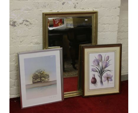 A gilt framed bevel edge wall mirror along with two pairs of framed prints.