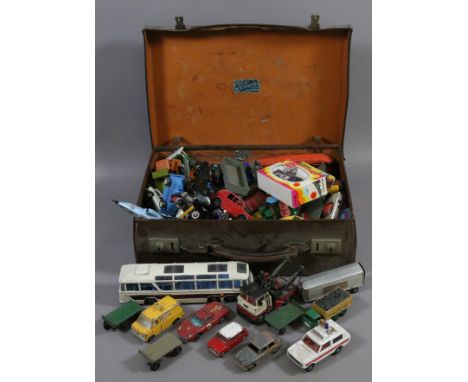 A suitcase and contents of diecast model vehicles to include Corgi, Dinky and Matchbox examples.