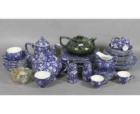 A Staffordshire Burleigh blue and white part dinner/tea service along with a glass bowl and tea pot, approximately fifty eigh