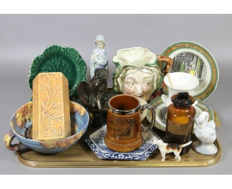 A tray of assorted ceramics to include Lladro and Nao, Beswick, Wedgwood, apothecary glass jar, etc.