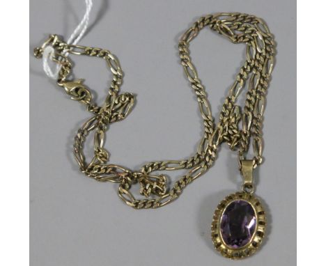 A ladies German 8 carat gold amethyst set pendant on chain, 10 grams.