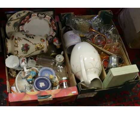 Two boxes of ceramics and glass to include Royal Doulton, Wedgwood, Royal Crown Derby, Sadler, copper hunting horn, etc.