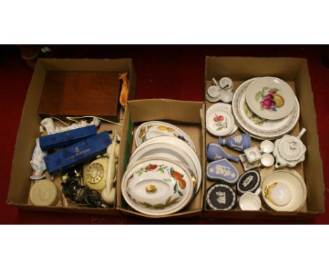 Three boxes of miscellaneous china and crockery to include Wedgwood, Royal Worcester Evesham, old telephone, etc.