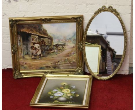 A gilt framed oval wall mirror along with a gilt framed oil on canvas farmyard scene and another oil on canvas.