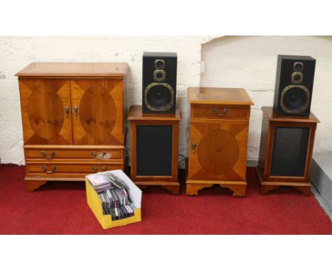 A yew wood television cabinet and music cabinet with contents of Samsung hifi equipment along with a pair of matching speaker