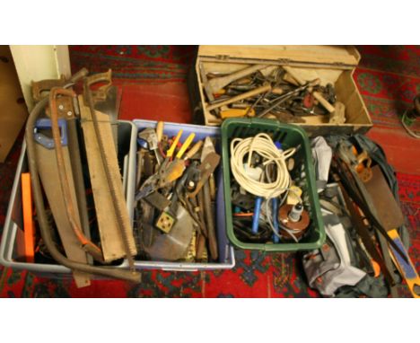 A good collection of assorted tools to include woodworking, electrical, tool box, saws, chisels, etc.