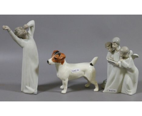 A Beswick model of a Jack Russell terrier along with a Lladro and a Nao figure.