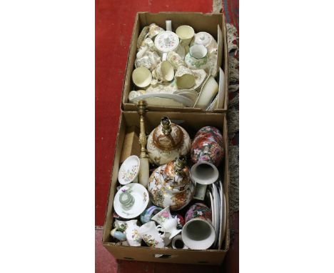 Two boxes of mixed china and tablelamp bases to include Wedgwood and Royal Worcester examples.