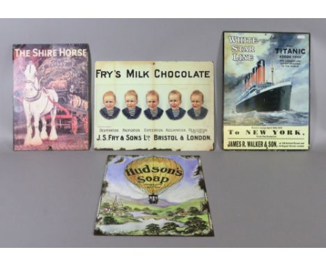 Four enamel advertising signs including a vintage Frys Chocolate sign.