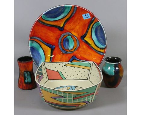 A Rosenthal studio pottery bowl, a Poole cabinet plate and two Poole vases.