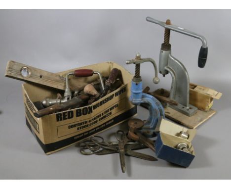 A collection of upholsterers tools and joiners tools.
