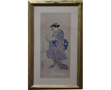 A large gilt framed Chinese print depicting a Geisha reading a scroll.