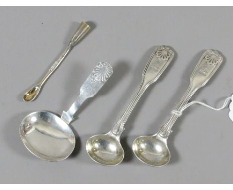 A pair of Victorian silver salt spoons along with a Victorian silver mustard spoon and a white metal caddy spoon.