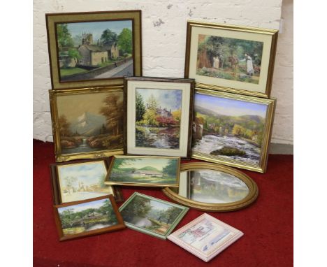 A collection of assorted pictures and prints to include oils and watercolours and a gilt framed bevel edged wall mirror.