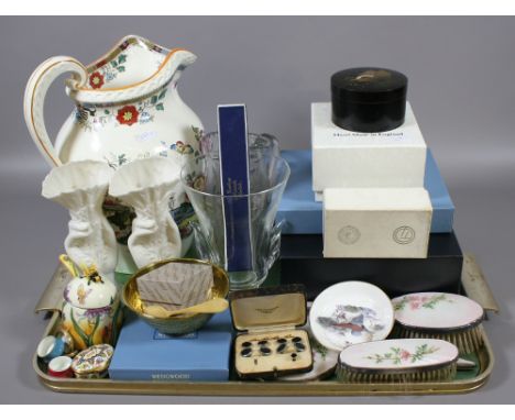 A tray of ceramics and glasswares to include Copeland jug, Wedgwood, enamel backed brush set, cased dress studs, art glass va