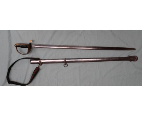 A Victorian style 1821 sword with an 85.5cm fullered blade, having a pierced brass guard with Royal cypher and a wire wound g