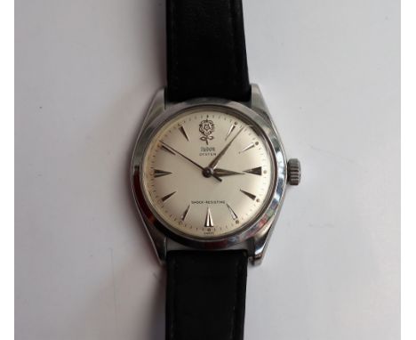 A Gentleman's Tudor (Rolex) Oyster stainless steel wristwatch, the matte silvered dial with baton numerals, and a rose at 12 