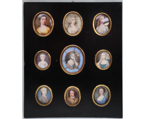 A collection of nine 18th and 19th century oval portrait miniatures, painted onto ivory and enamel, including Mrs Goddard (si