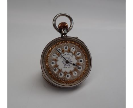 A late Victorian silver open faced fob watch, the enamel dial with a raised gilt floral and leaf border with numeral cut outs