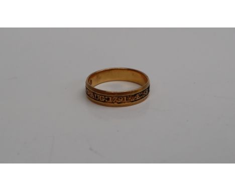 A late George III gold and enamel Momento Mori Mourning ring, for Rev Wm Treakell OB 20 AUG 1791 AE 58, approximately 4 grams