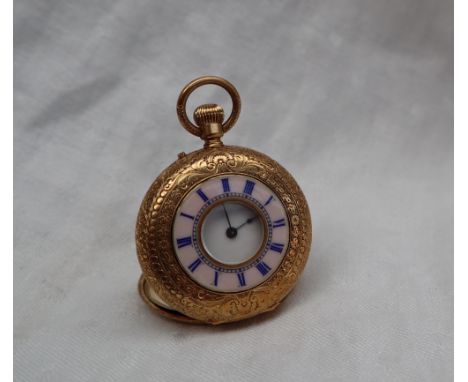 An 18ct yellow gold half hunter fob watch, the case with a bulls eye lens surrounded by pink enamel with blue enamel Roman nu