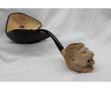 A Meerschaum pipe, the bowl carved as a lion's head, in a case with a Wm Astley &amp; Co. Ltd, 109 Jermyn St label, head, 9.5
