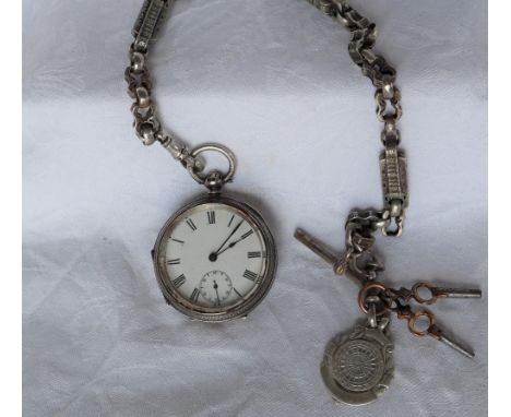 A late Victorian silver open faced fob watch, the enamel dial with a seconds subsidiary dial and Roman numerals, hallmarked f