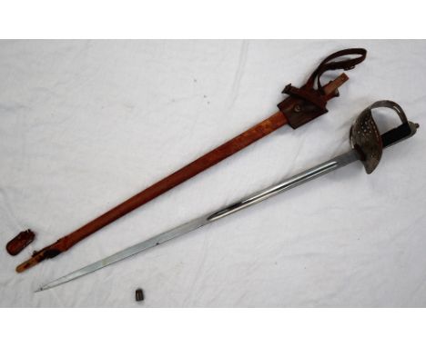 A dress sword with a pierced hand guard and leather grip, in a leather covered scabbard