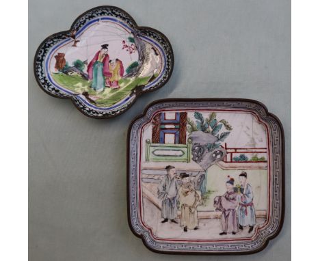 A Chinese enamel decorated dish of square form with inverted corners, decorated with figures in a courtyard, on raised feet, 