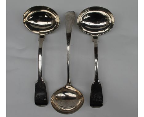 A pair of Victorian fiddle pattern sauce ladles, Exeter, 1852, William Rawlings Sobey, numbered 4 &amp; 3, together with a Ge