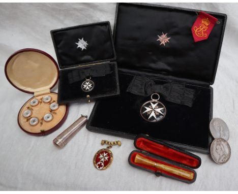 An Order of St John white metal and enamel medal, cased together with a matching miniature, cased, a set of six yellow metal 