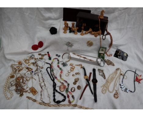 A pair of 9ct gold earrings together with assorted costume jewellery, chess set etc  