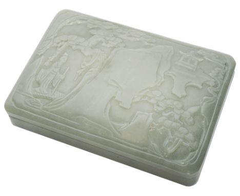 A CELADON JADE RECTANGULAR 'LANDSCAPE' BOX AND COVER the shallow straight-sided box raised on four short bracket feet, the sl